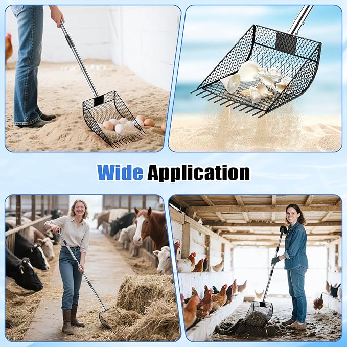 CAROD Chicken Poop Scooper & Rake 2-in-1, Metal Chicken Scoop with 24 to 68" Adjustable Stainless Steel Handle, Litter Scooper Sand Sifting Shovel Chicken Coops/Animals House