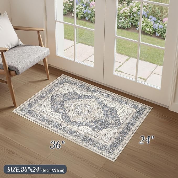 2x3 Washable Entryway Rug: Non-Slip Soft Indoor Throw Small Vintage Floral Area Rug for Kitchen Bedroom, Low Pile Durable Carpet for Front Door Porch Floor Doormat Home Decor (Blue/Beige)