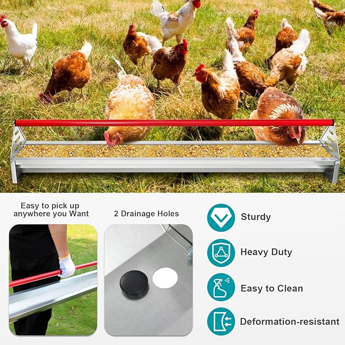 Chicken Feeding Trough 45", Heavy Duty Galvanized Steel Feeder with Drainage Holes & Crossbar, Poultry Feeder Trough for Chicken, Duck, Geese, Turkey, Rabbit and Pigeon