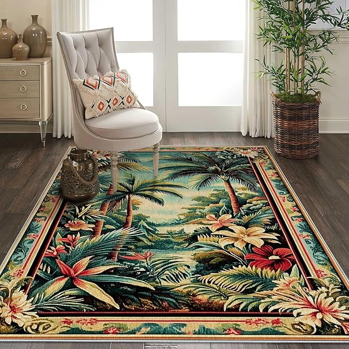 8x10 Tropical Rainforest Area Rugs Boho Forest Botanical Rug for Living Room Indoor Soft Non-Slip Thin Large Carpet Green Rugs for Bedroom Home Decor Under Table Washable Machine