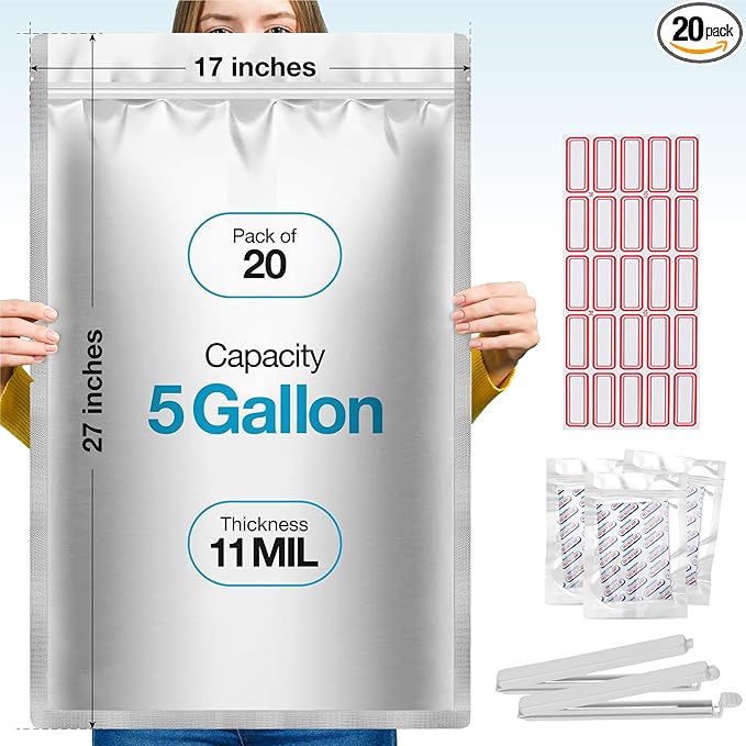20 Pcs 5 Gallon Mylar Bags With Oxygen Absorbers - 11 Mil Thick - With Sticker Labels and Closure Clip - Smell Proof, Zipper Closure Heat Resealable Large Mylar Bags For Food Storage