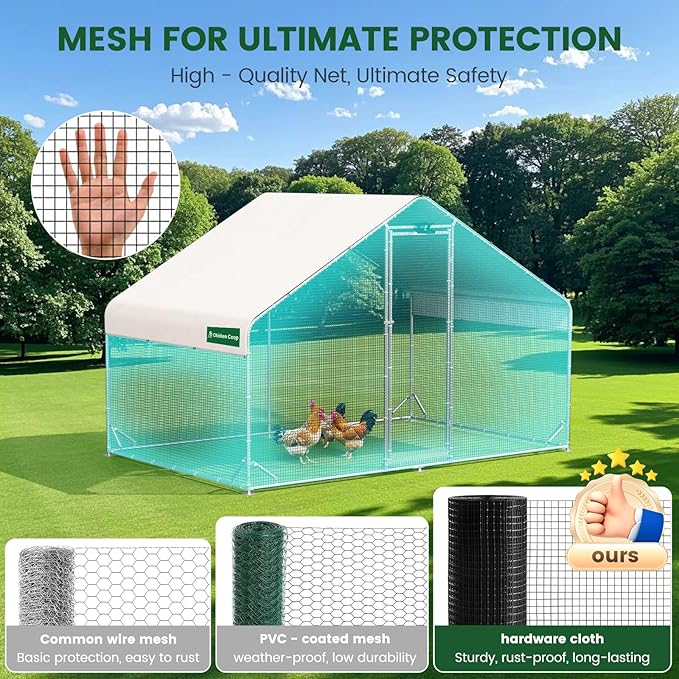 Large Walk-in Metal Chicken Coop with Chicken Run & Hardware Cloth, Solar Light, Waterproof & UV-Resistant Cover, Outdoor Poultry Cage for Farm Use