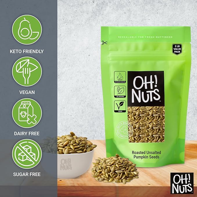 Oh! Nuts Pumpkin Seeds - Roasted Unsalted - 2 lb - No Shell Pepitas - Packed in New York Zip-Seal Bag for Exceptional Freshness