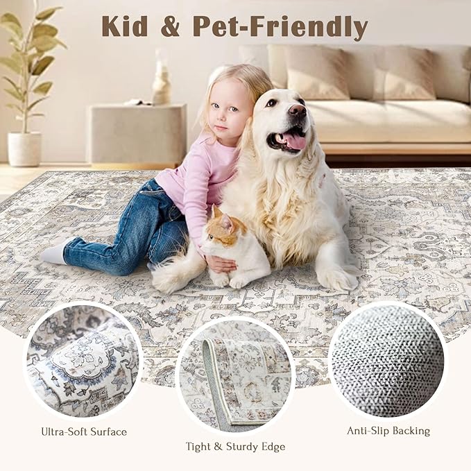 6x9 Area Rug for Living Room - Large Oriental Washable Rugs for Bedroom Non-Slip Cream Stain Resistant Dining Room Rug Farmhouse Low-Pile Carpet Soft Vintage Rug for Office Guest Room