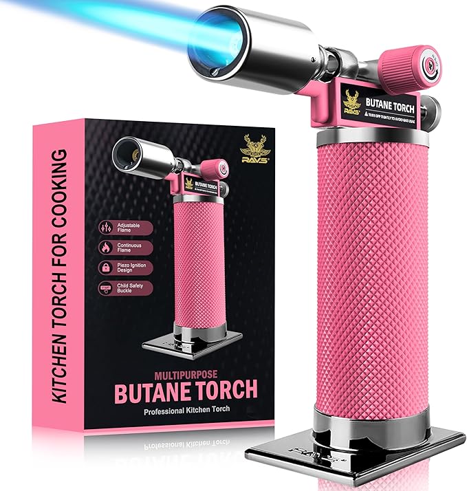 RAVS Butane Torch, Metal Pink Torch Lighter with Adjustable Flame, Food Torch for Baking, BBQ, Desserts, Christmas Stocking Stuffers Gifts for Women, Butane Fuel Not Included