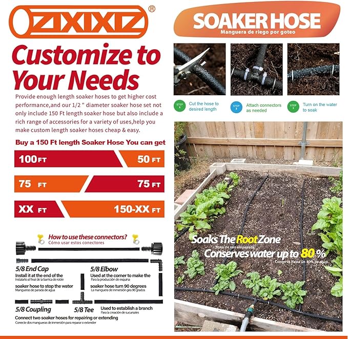 150FT Heavy-Duty 1/2 Inch Soaker Hose with 3/4 Inch Solid Brass Connector - Leakproof Garden Watering System for Gardens, Lawns, Flower & Vegetable Beds