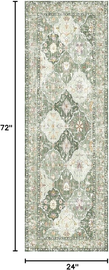 Boho Vintage Area Rugs 2×6 Washable Non-Slip Traditional Green Runner Rug for Hallway Kitchen Entryway