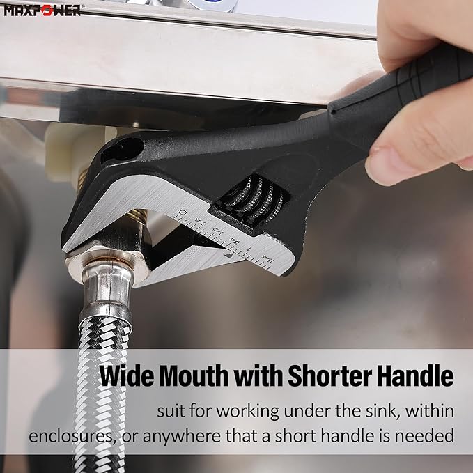 MAXPOWER 8 inch Adjustable Wrench, Wide Jaw Capacity 1.6" (40 mm)