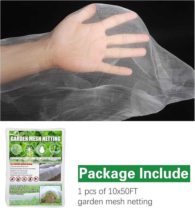 SnugNiture Garden Netting 10x50FT Ultra Fine Mesh Mosquito Netting Plant Covers, White Bird Netting Barrier Greenhouse Row Cover Protect Fruits Flower Vegetables from Birds Deer & Squirrels