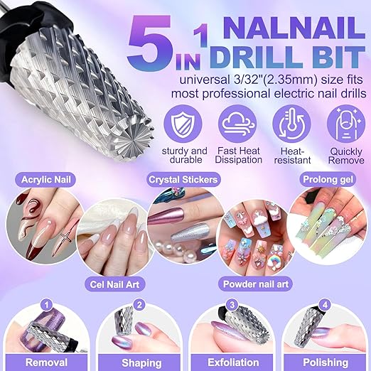 Fantexy 3/32" Carbide Nail Drill Bit - Remove Acrylic Hard Gels Quickly and Safely, 5-in-1 Tungsten Carbide Nail Drill Bit for Nail Art,Manicure,Pedicure,Gel,Cuticle Clean (Extra Coarse - XC)