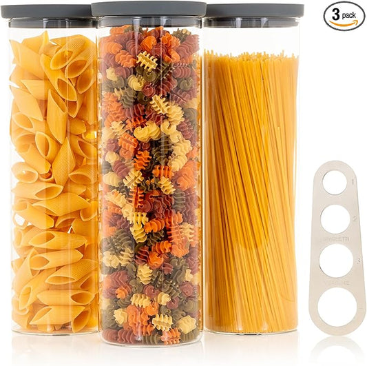 Glass Spaghetti Containers with Airtight Silicone Lids – BPA-Free Pantry Storage Jars for Pasta, Rice, Flour, and Dry Foods – Set of 3 with Portion Tool