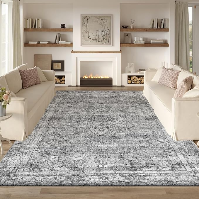 Area Rug 4x6 Gray Living Room Rugs,Machine Washable Rug,Stain Resistant Soft Thin Carpet,Boho Vintage Home Decor,Indoor Non-Slip Rugs,for Bedroom,Office,Farmhouse,Dining,Dorm