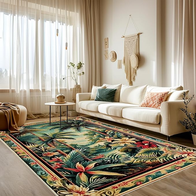 8x10 Tropical Rainforest Area Rugs Boho Forest Botanical Rug for Living Room Indoor Soft Non-Slip Thin Large Carpet Green Rugs for Bedroom Home Decor Under Table Washable Machine