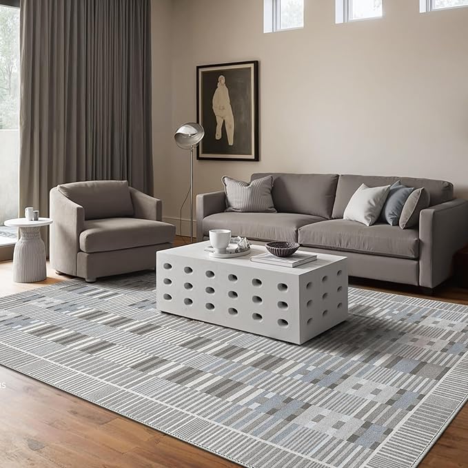 GENIMO Machine Washable 5x7 Area Rugs for Living Room, Non Slip Vintage Rugs, Low Pile Lightweight Chenille Print Rug for Bedroom, Dining Room, Home Office, Silver Gray