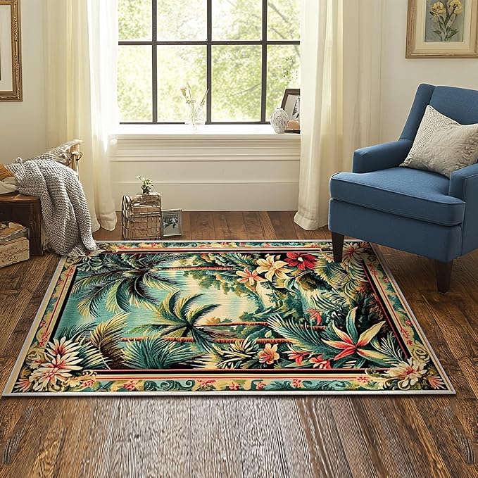3x5 Tropical Rainforest Area Rugs Boho Forest Rug for Bathroom Kitchen Entryway Indoor Soft Non-Slip Thin Hippie Carpet Small Green Doormat for Office Dining Room Under Table Washable Machine