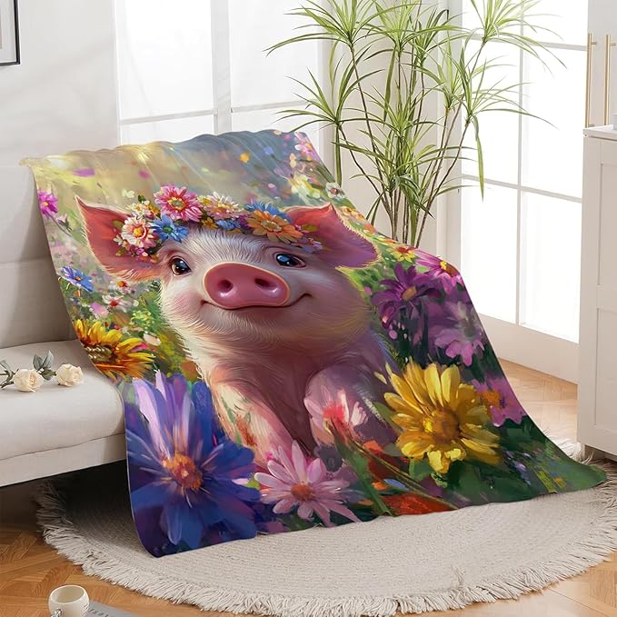 Pig Blanket, Pink Pig Throw Blanket, Flower Gifts Blankets Stuff Fleece Flannel Plush for Girls Women Men Boys Lovers Adults Soft Bedding Gift for Sofa Bed Office Home Decor 60"x50"