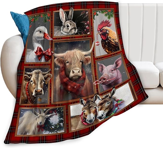 Christmas Blanket Highland Cow Farm Animal Throw Blanket Ultra Soft Cozy Fleece Goat Chicken Goose Duck Pig Donkey Gift Fuzzy Plush Bedding Blankets for Kids Adult Girls Boys Women Men 80"x60"