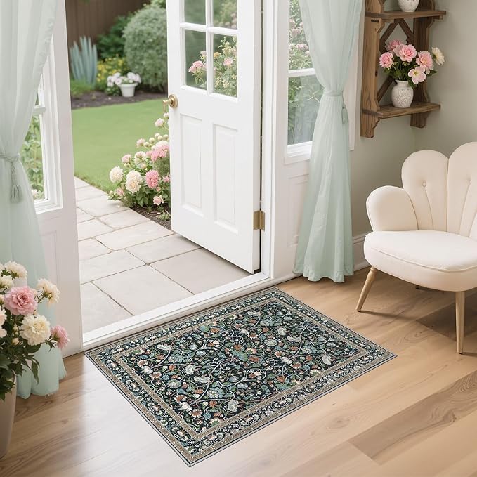 2x3 Area Rug Living Room Rugs - Washable Boho Vintage Floral Large Soft Non Slip Thin Rug Low Pile Carpet for Bedroom Dining Room Kids Playroom Office Decor Indoor- Black Blue
