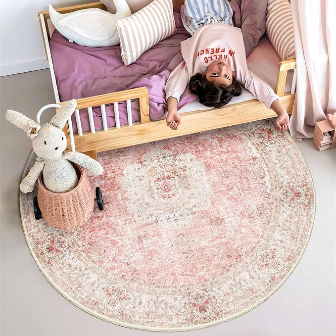 Pink Round Rug 4ft, Circle Washable Area Rugs for Bedroom Bathroom Entryway, Boho Vintage Bohemian Distressed Oriental Floral Carpet Non Slip,Blush