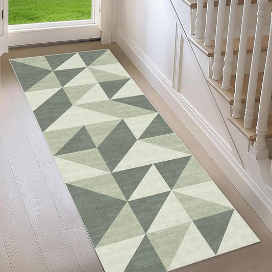 Green Washable Runner for Hallway Bedroom 2x6 Modern Abstract Geometric Non Slip Rug Low Pile Indoor Floor