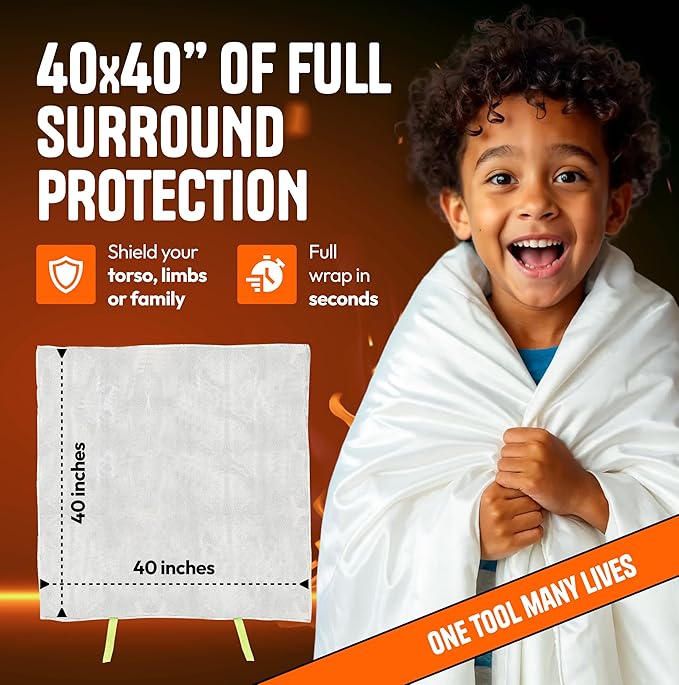 Emergency Fire Blanket 40"x40" (1-Pack) – Fireproof Survival Blanket for Home, Kitchen, RV & Camping – Smothers Grease & Electrical Fires – Reusable, Pet & Family Safe Fire Safety Gear