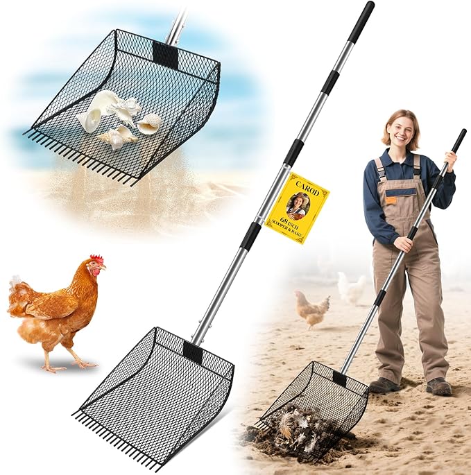 Upgraded 12-inch Chicken Poop Scooper Rake, Durable Metal Poop Scoop for Chicken with 24 to 68" Adjustable Stainless Steel Handle, Litter Scooper for Sand Sifting Shovel for Animals House