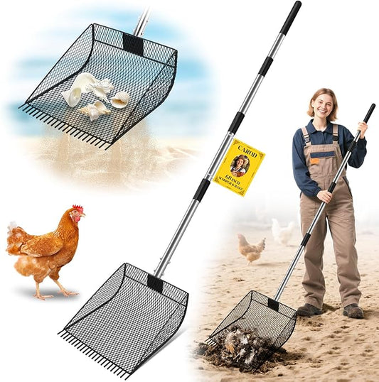 Upgraded 12-inch Chicken Poop Scooper Rake, Durable Metal Poop Scoop for Chicken with 24 to 68" Adjustable Stainless Steel Handle, Litter Scooper for Sand Sifting Shovel for Animals House