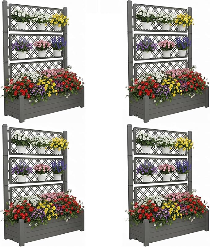 5.3' Tall Raised Garden Bed with Trellis, Outdoor Resin Plant Stand Planter Box with Drainage Plug for Veg/Fruits/Herb/Flower Best Choice for Backyard, Patio, Balcony (Coffee, 4 Pack)