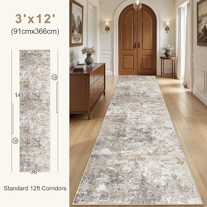 3X12 Washable Runner Rug for Hallway: Soft Neutral Modern Abstract Area Rug - Non-Slip Low Pile Long Throw Indoor Carpet for Kitchen Entryway Kitchen Bedroom Laundry- Brown Grey