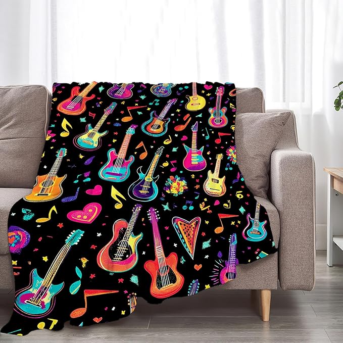 Guitar Blanket Gifts for Girls Boys Soft Warm Plush Colorful Musical Guitar Throw Blanket Flannel Fleece Fuzzy Electric Music Blankets for Lovers Kids Bed Couch Living Room Decor 80"X60"