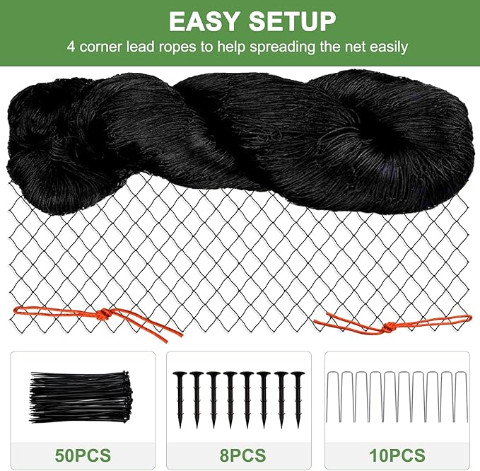 Bird Netting - 25'x25' Heavy Duty Nylon Net with 2' Mesh for Garden Protection, Chicken Coop, Fruit Tree, Orchard