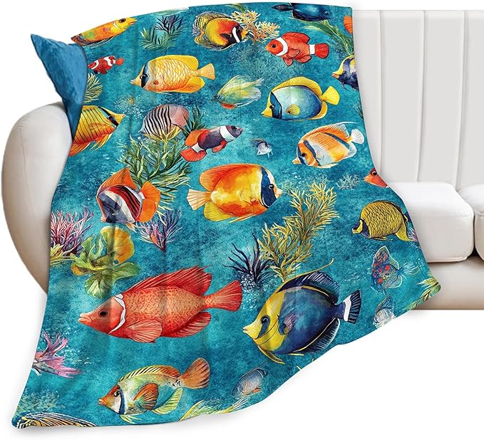 Tropical Fish Blanket Gifts for Girls Boys Soft Warm Plush Sea Ocean Fish Throw Blanket Flannel Fleece Fuzzy Colorful Fishing Blanket for Kids Lover Bed Couch Living Room Decor 60"X50"