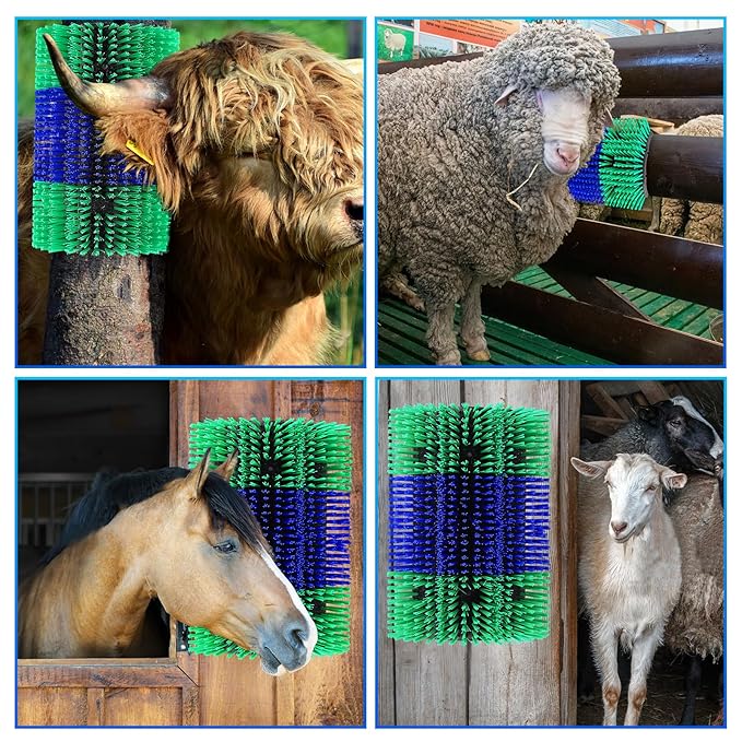 Extra Large Size Livestock Scratching Brush, Upgraded Horse/Goat/Cow/Cattle Scratcher Brush for Grooming, Itch Relief Horse Scratcher Brushes Kit with Two Sets of Mounting Screws(8-Pack,Green)
