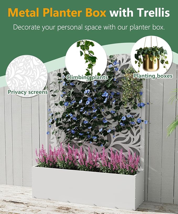 2PCS Metal Planter Box with Trellis,70.9"x47.2"x15.7" Raised Garden Bed with Drainage Holes, Privacy Planters for Outdoor Garden Bed for Climbing Plants,Vegetables,and Vines, White-Flower