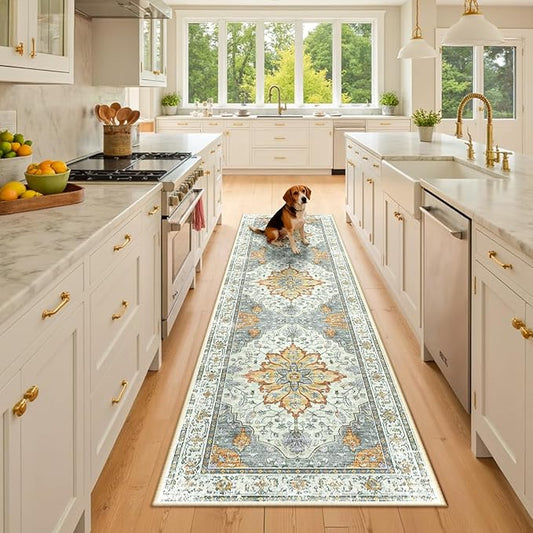 Area Rugs 2'6''x8' Washable Non-Slip, Floral Vintage Distress Print Pattern Medallion Carpet for Living Room Bedroom Dining Room, Light Yellow Carbon Grey Orange
