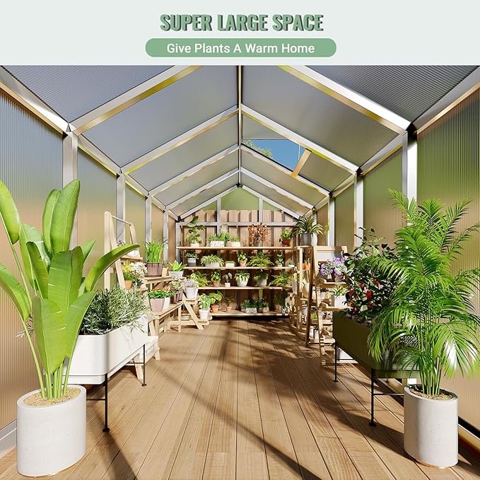 Greenhouse, 6x10 Ft Outdoor Greenhouses, Accessible Green House with Roof Vents and Sliding Doors, Aluminum Frame Polycarbonate Greenhouses, Large Greenhouse for Outdoor Gardens and Backyards, Silver