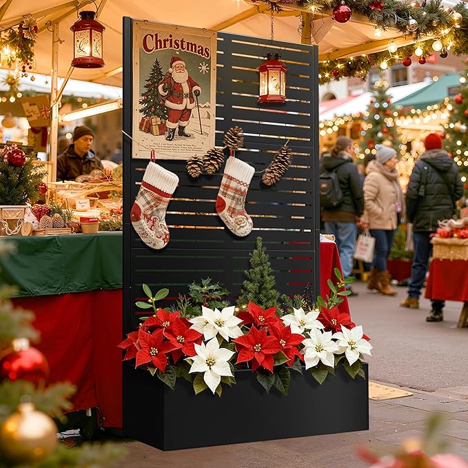 FENCY Metal Raised Garden Bed with Trellis, Metal Planter Box with Trellis, Garden Box for Climbing Plants Vegetable, 35" Lx16 Wx71 H Garden Bed with Drainage Holes(Black-Louvered)