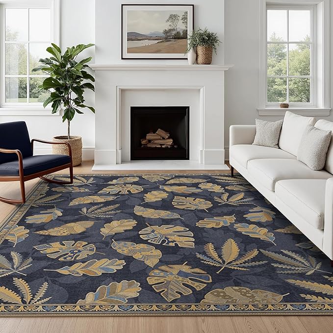 GENIMO 5x7 Area Rugs for Living Room, Machine Washable Non Slip Rugs, Low Pile Lightweight Print Rug for Bedroom, Dining Room, Home Office, Leafy Twilight