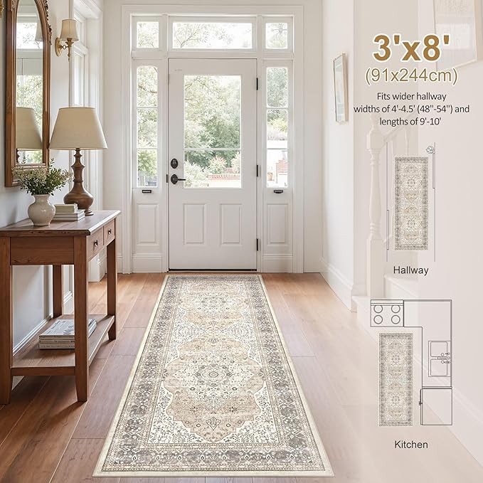 Washable Rug 3x8 Hallway Runner Rug-for Entryway Bedroom Kitchen Room Corridor Decor -Stain & Fade Resistant Non Slip Backing Carpet,Ultra-Thin Vintage Long Carpets(Camel/Beige)