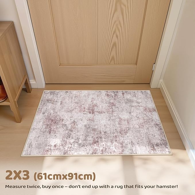 2x3 Area Rug Living Room Rugs - Washable Neutral Modern Abstract Soft Thin Large Rug Indoor Floor No Slip Rug Carpet for Bedroom Under Dining Table Home Office Decor - Pink Grey