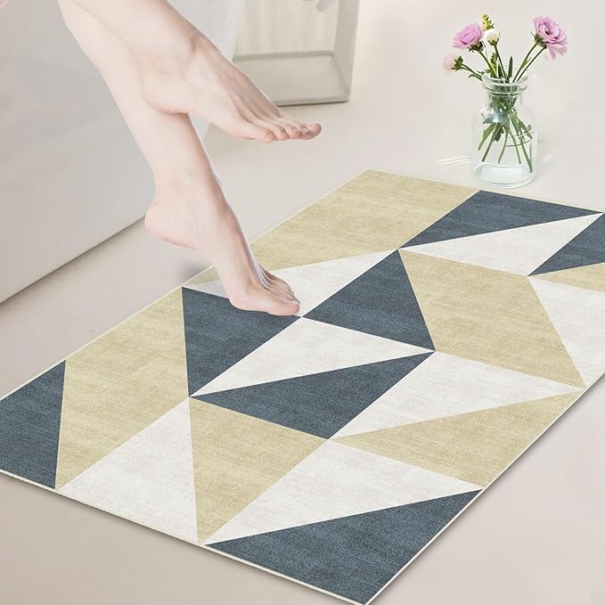 2x3 Washable Area Rugs Geometric Abstract Small Carpet Blue and Gold Doormat for Entryway Bathroom Living Room Bedroom Washing Room Non Slip