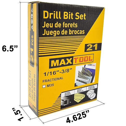 MaxTool Twist Drill Bit Set 21PCs 5% Cobalt HSS M35 Jobber Length Fully Ground for Hardened Steel Metal Cast Iron etc 1/16“ to 3/8”; JBS35G10R021S