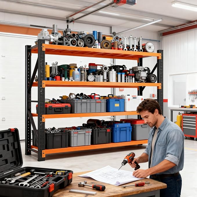 4-Tier Storage Shelves,79" H Heavy-Duty Garage Shelving Unit,Adjustable Metal Industrial Shelf System,4,000lbs Capacity,Tool Organizer for Garage,Workshop,60" W x 20" D x 79" H,Black&Orange