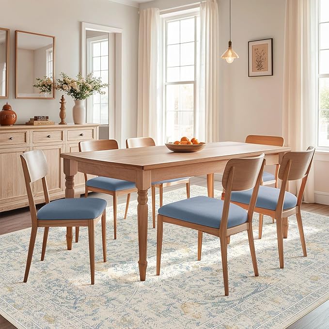 10x14 Area Rug Living Room Rugs - Washable Boho Vintage Floral Large Soft Non Slip Thin Rug Low Pile Carpet for Bedroom Dining Room Kids Playroom Office Decor Indoor- Light Blue