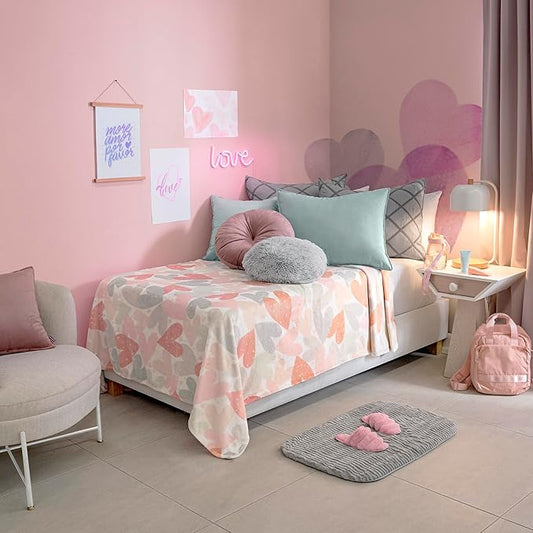 Vianney Love Queen Size Lightweight Fleece Blanket in Pink, Coral, and Grey Hearts