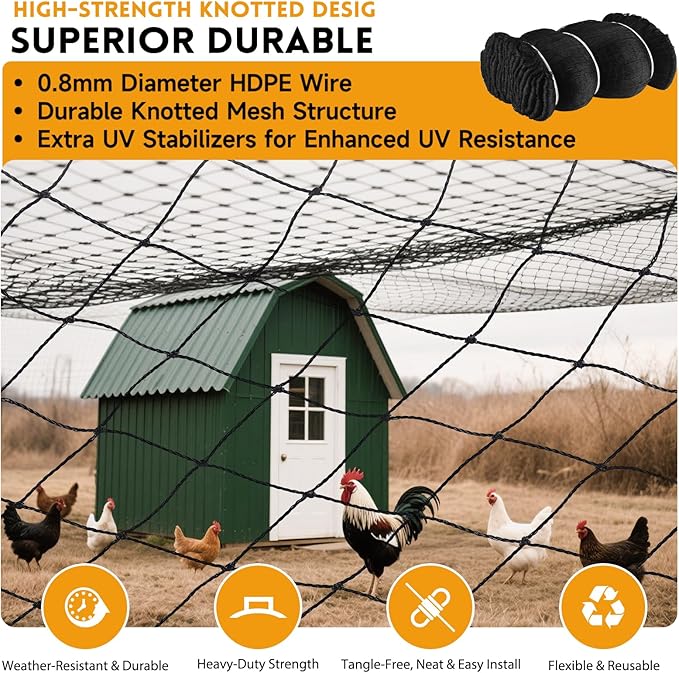 Heavy Duty Bird Netting for Chicken Coop with 1" Mesh, 50x50 ft Reinforced HDPE Poultry Netting, Durable & Reusable Chicken Netting for Hawks, Predator Proof for Farm, Fence, Garden & Orchard