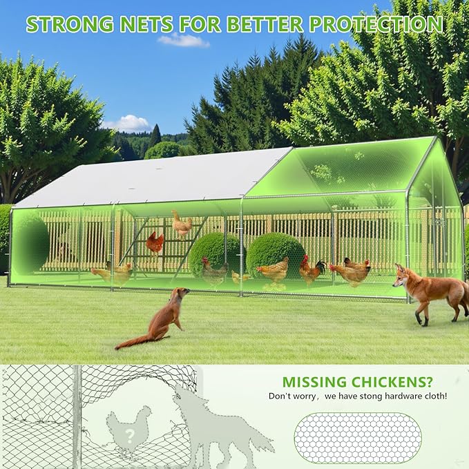 Large Chicken Coop,Metal Chicken Run for Yard with Feeding Door,Walk-in Chicken Pen for 20-30 Chickens,Outdoor Poultry Cage with Anti-UV Cover,Duck Rabbit House