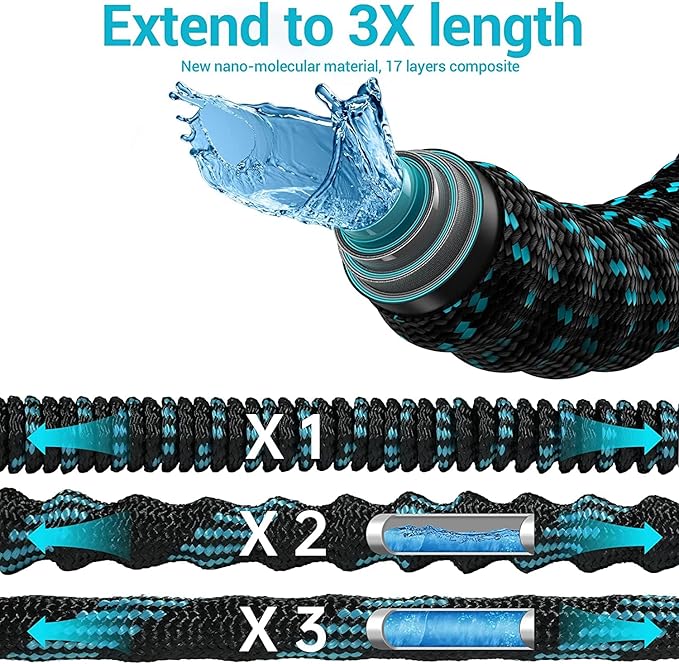 50 ft Expandable Garden Hose - All New 2025 Retractable Water Hose with 3/4" Solid Brass Fittings, Extra Strength Fabric,4-Layer Latex Core - Flexible Expanding Hoses with 10 Pattern Spray Nozzle