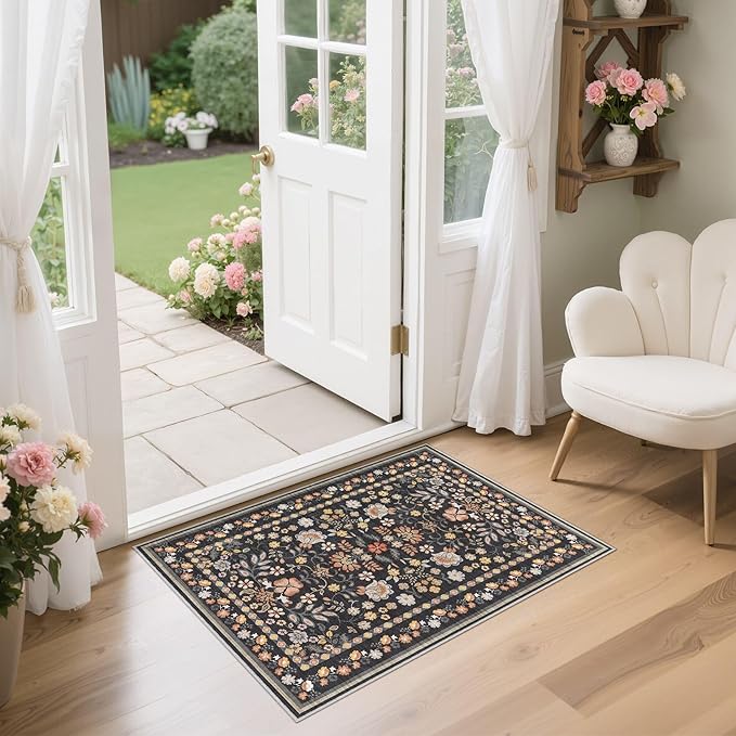 Door Mat Entrance Rug: 2x3 Washable Area Rug Boho Floral Small Rug - Non-Slip Low Pile Throw Indoor Carpet for Entryway Kitchen Front Door Bathroom Entry Kids Room - Black Grey