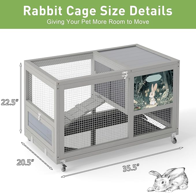 COZIWOW 36.5-Inch Double-Decker Wooden Rabbit Hutch with Wheels, Featuring A Cleaning Tray and Ladder—Stylish and Easy to Assemble（Grey and Pattern）